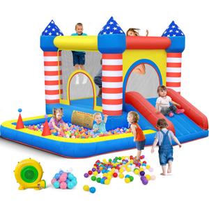 Culaluva Inflatable Bounce House: Bouncer Bouncy Castle 5 in 1 with Ball Pit & Slide for Kids Aged 3-8 - with 370W Blower & Storage Bag - Indoor Outdoor Play Stripes Style