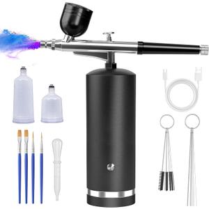 Airbrush Kit With Compressor - 48PSI Rechargeable Cordless Non-Clogging High-Pressure Air Brush Set with 0.3mm Nozzle and Cleaning Brush Set for Nail Art, Makeup, Painting, Cake Decor (Black)