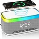 Bluetooth Speaker with Wireless Charging & Digital Clock, LED Display, 15W Qi Charging Station, 2x10W Speakers, 6 Ambient Lights, BT5.3/AUX/TF/USB, for Home, Bedside, Travel, Birthday Presen (White)