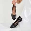 BABUDOG Womens Flats Shoes with Pomegranate Embroidery,White Flats with Bow,Comfortable Round-Toe Flats Shoes,Black Dress Shoes for Women(Soft Memory Foam Insole)