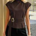 PRETTYGARDEN Women Blouses Spring Dressy Cap Sleeve Mock Neck Work Shirts Buckle Tunic Summer Business Casual Tops 2026(Brown,Large)
