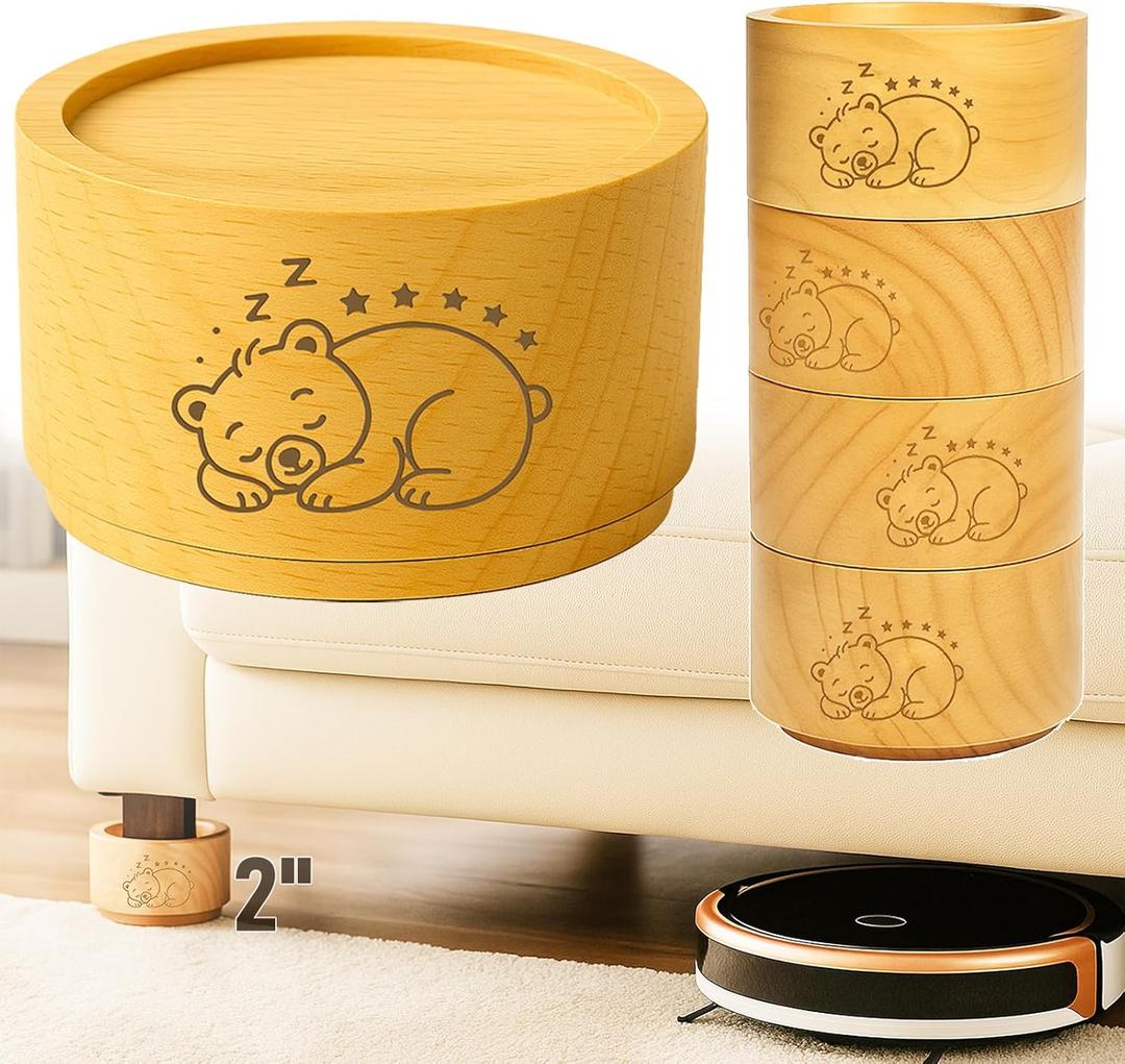 Bed Risers Furniture Legs, Solid Wood Furniture Raisers with Sleepy Bear Pattern, 2" Stackable Non-Slip Heavy-Duty Wooden Sofa Frame Feet (Beige, 2inch)