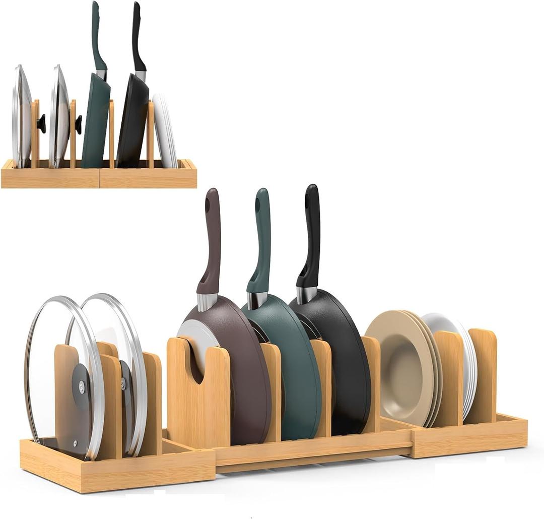Pots and Pans Organizer Under Cabinet, Expandable Pot Lid Organizer, Bamboo Pan Organizer, Pot and Pan Organizer Rack for Kitchen Countertop or inside Cabinet, Brown 