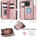Defencase for iPhone 13 Pro Max Magnetic Wallet Case Compatible with Magsafe with RFID Blocking Zipper Strap Card Holder for Women, PU Leather Detachable Case for iPhone 13 Pro Max (6.7"), Rose Pink