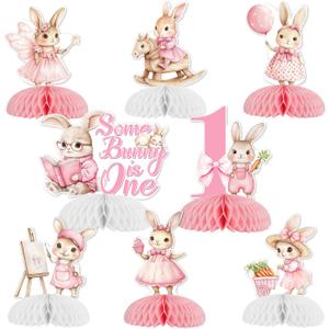 Some Bunny is One Birthday Decorations 8Pcs Bunny Honeycomb Centerpieces Pink Dress Rabbit Table Centerpieces Cute Animal Table Toppers for Girls First Birthday Party Supplies