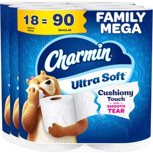 Charmin Ultra Soft Cushiony Touch Toilet Paper, 18 Family Mega Rolls = 90 Regular Rolls (Packaging May Vary) Charmin Ultra Soft Cushiony Touch Toilet Paper, 18 Family Mega Rolls = 90 Regular Rolls (Packaging May Vary)