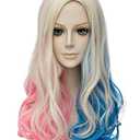 Qaccf Long Curly Blue Pink Blond Color Middle Parting Halloween Cosplay Women Wig (Mix)
