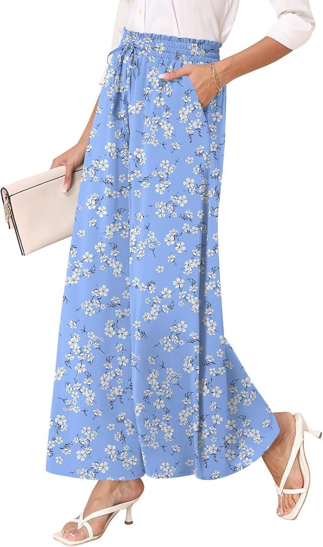 Women's Chiffon Dressy Pants High Waist Casual Wide Leg Palazzo Pants Loose Trousers with Pockets (Blue, XL)