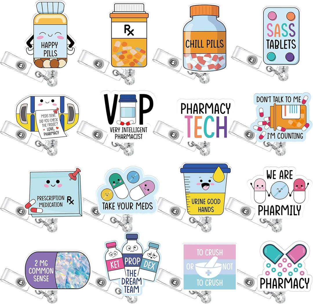 16 Pcs Pharmacy Badge Reel Funny Pharmacy Technician Gifts Retractable Nurse Badge Reel for Doctors Nurses Week Gift RN Medical Assistant CNA Supplies