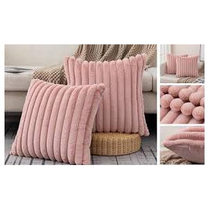 MADIZZ Set of 2 Faux Wool Plush Decorative Throw Pillow Covers 16x16 Inch Light Blue Fluffy Striped Soft Decorative Cushion Cover for Sofa Bedroom Pillow Shell Pink