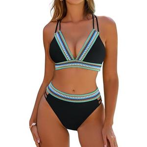 Blooming Jelly Womens High Waisted Bikini Sets Color Block Two Piece Swimsuit V Neck Crisscross Back Bathing Suit, M