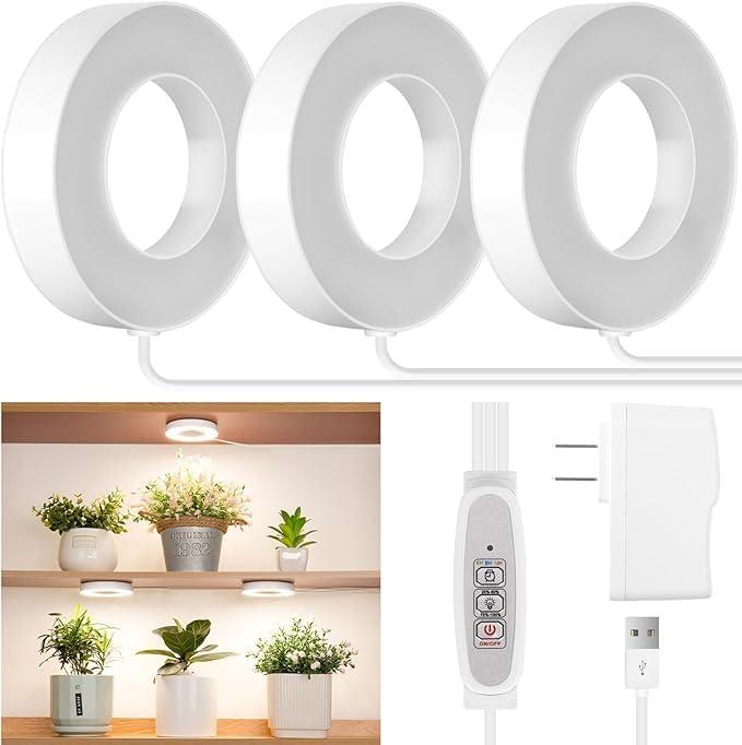 LORDEM Ceiling Grow Light - 144 LEDs Full Spectrum, Auto Switch 4/8/12H, 4 Dimmable Brightness Levels, Ideal for Small Plants, Tri Head, Corded