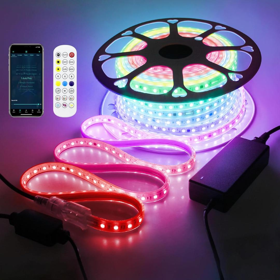 100FT Smart LED Light Strip RGB IC 1 Roll 24V Addressable Outdoor LED Strip Lights Waterproof Multi Color Chasing LED Lights with Remote APP Control Music Sync DIY Design for Bedroom 60 LEDs/M
