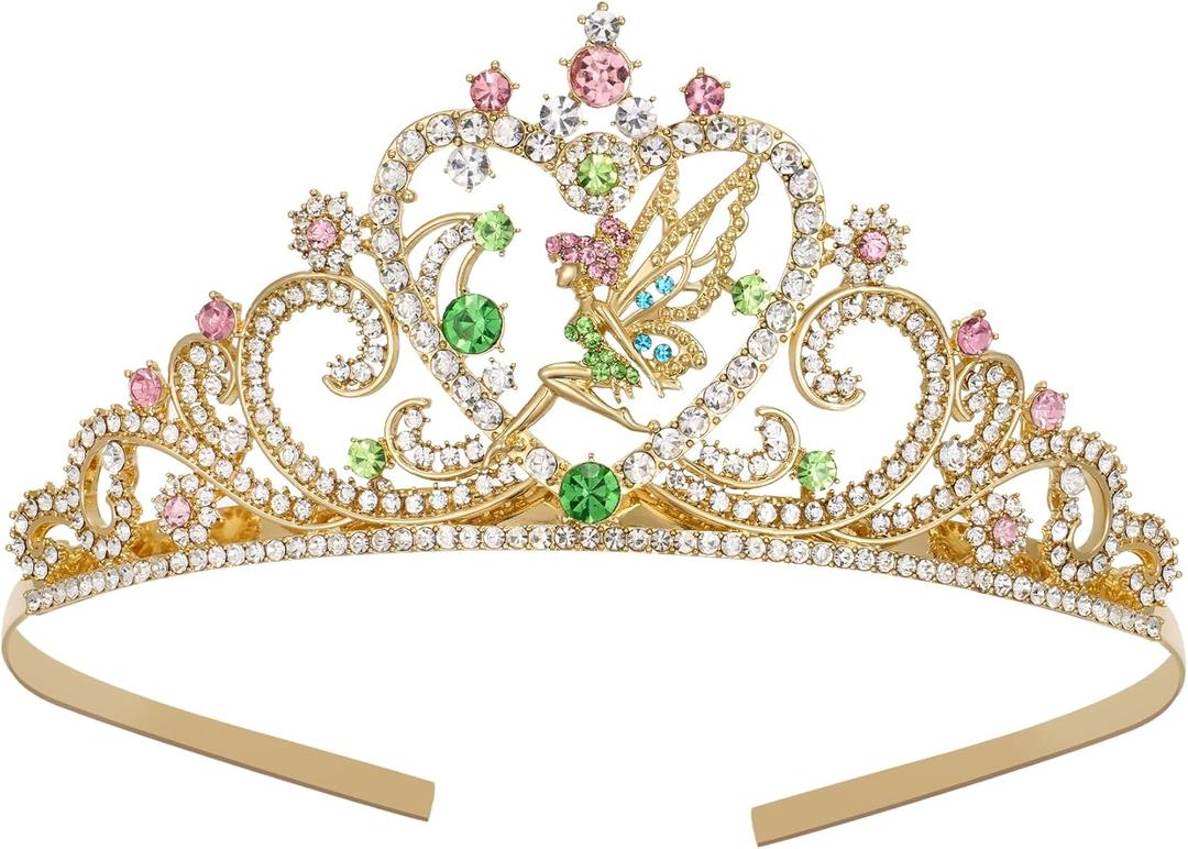 SWEETV Tiaras for Little Girls, Princess Gold Crown for Flower Fairy, TinkerBell Headband for Kids, Rhinestone Hairpiece for Toddler, Hair Accessories for Girls Halloween Costume Cosplay
