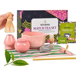 NOVANIA Pink Matcha Whisk Set - 10Pcs Premium Japanese Bamboo Matcha Kit with Bowl, Whisk Holder, Scoop, Sifter, Scoop Holder, Tea Cloth, Canister, Straw and Brush - Complete Set for Tea Lovers