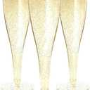 Prestee 200 Disposable Champagne Flutes Gold Glitter Glasses - 4.5 Oz Plastic Champagne Cups for Parties, Wedding Toasts, Mimosa Bar, and New Year’s Eve - Elegant Bulk Gold Plastic Wine Flutes