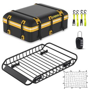 KAIRAY Roof Rack Cargo Basket 50"(L) x 36"(W) x 5.1"(H) Extendable Universal Rooftop Luggage Carrier for Truck Cars SUV with Waterproof Cargo Bag, Cargo Net, Ratchet Straps & Outdoor Combination Lock