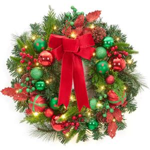 Christmas Wreath for Front Door, 22 Inch Large Outdoor Christmas Wreath, Lighted Xmas Wreath with Red Green Ball Ornaments Velvet Bow and 30 LED Lights for Fireplace Window Holiday Decor
