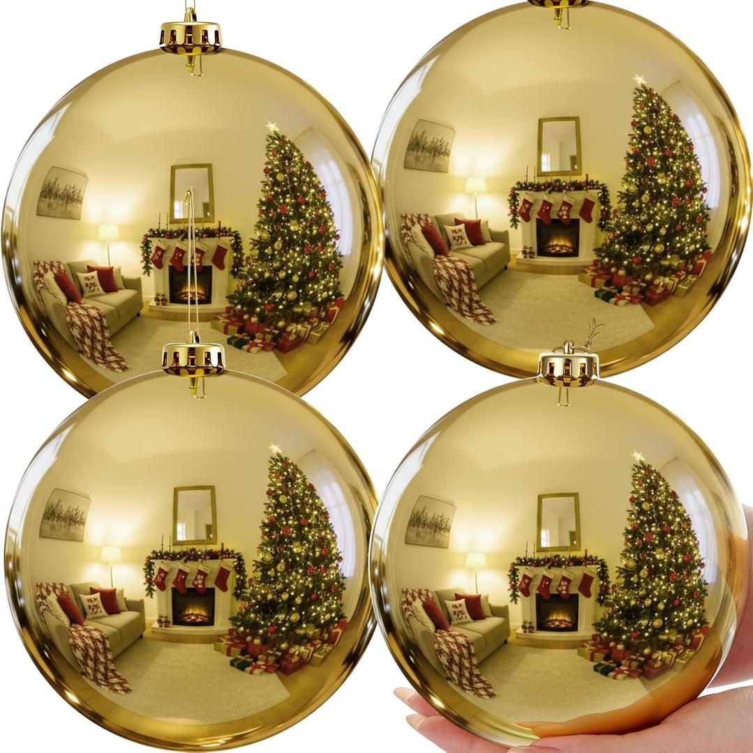 Zubebe 4 Pcs Extra Large Christmas Ball Ornaments 6'' (150 Mm) Giant Oversized Plastic Xmas Ball Big Hanging Christmas Tree Ornaments for Holiday Party Outdoor Decor(Gold)
