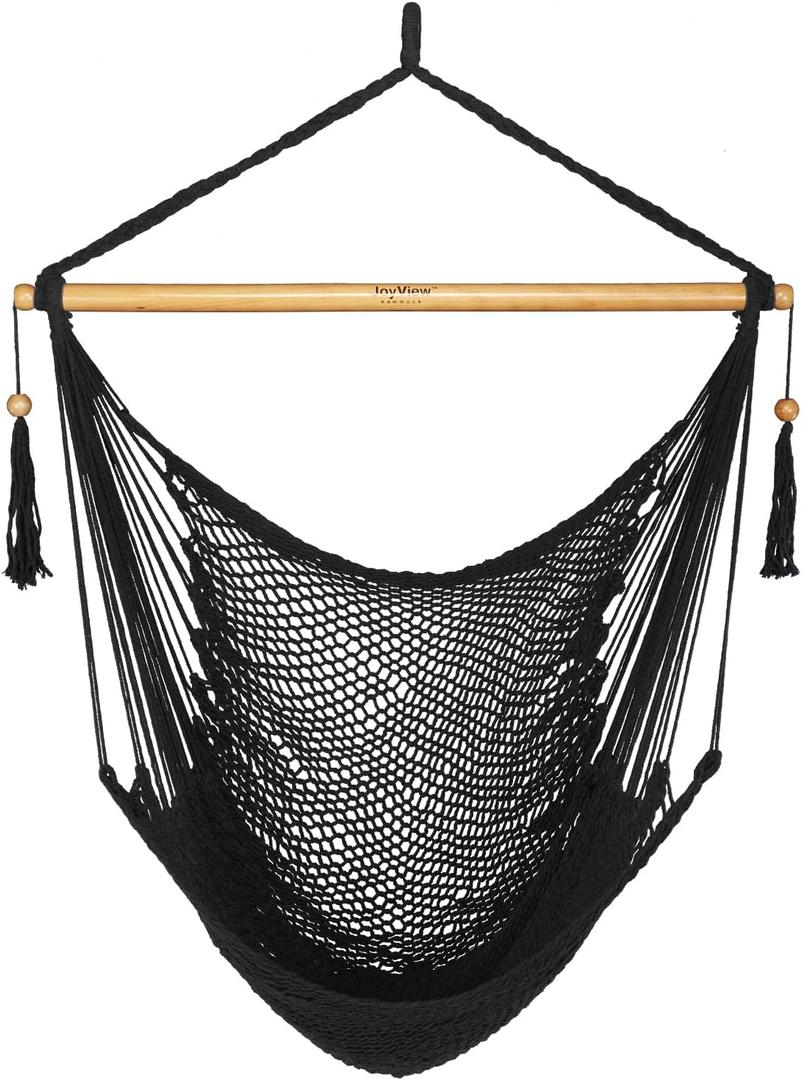 JoyView Hammock Chair with Spreader Bar Caribbean Hammock Swing Chair 300 LBS Weight Capacity XL Rope Hanging Chair for Outdoor Indoor Garden Yard - Black
