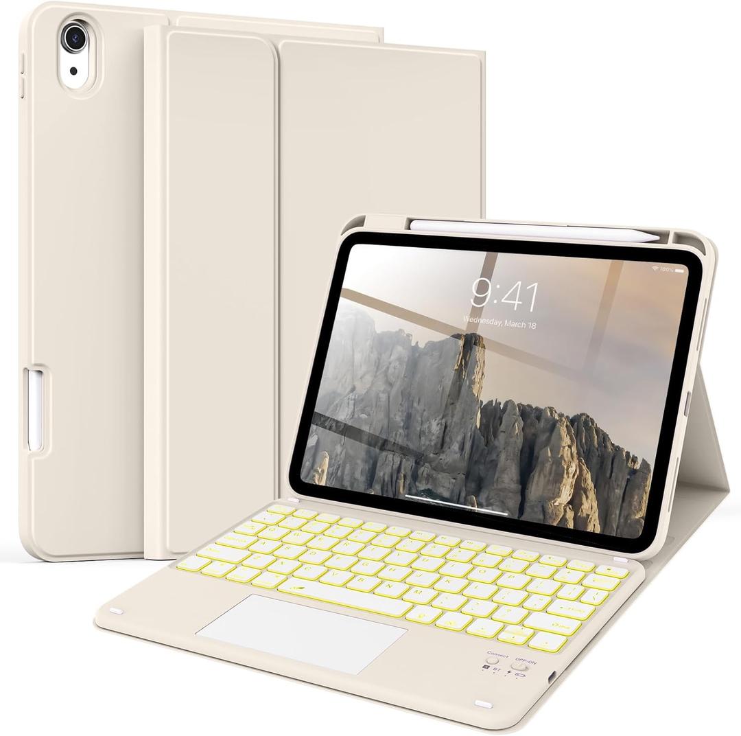 kenke for iPad 11/10th Gen Case with Keyboard 11/10.9 inch 2025 A16/2022, Detachable Wireless Bluetooth with Right Side Pencil Holder, Multi-Touch Trackpad Backlit Square Gray Keycaps (Cream)