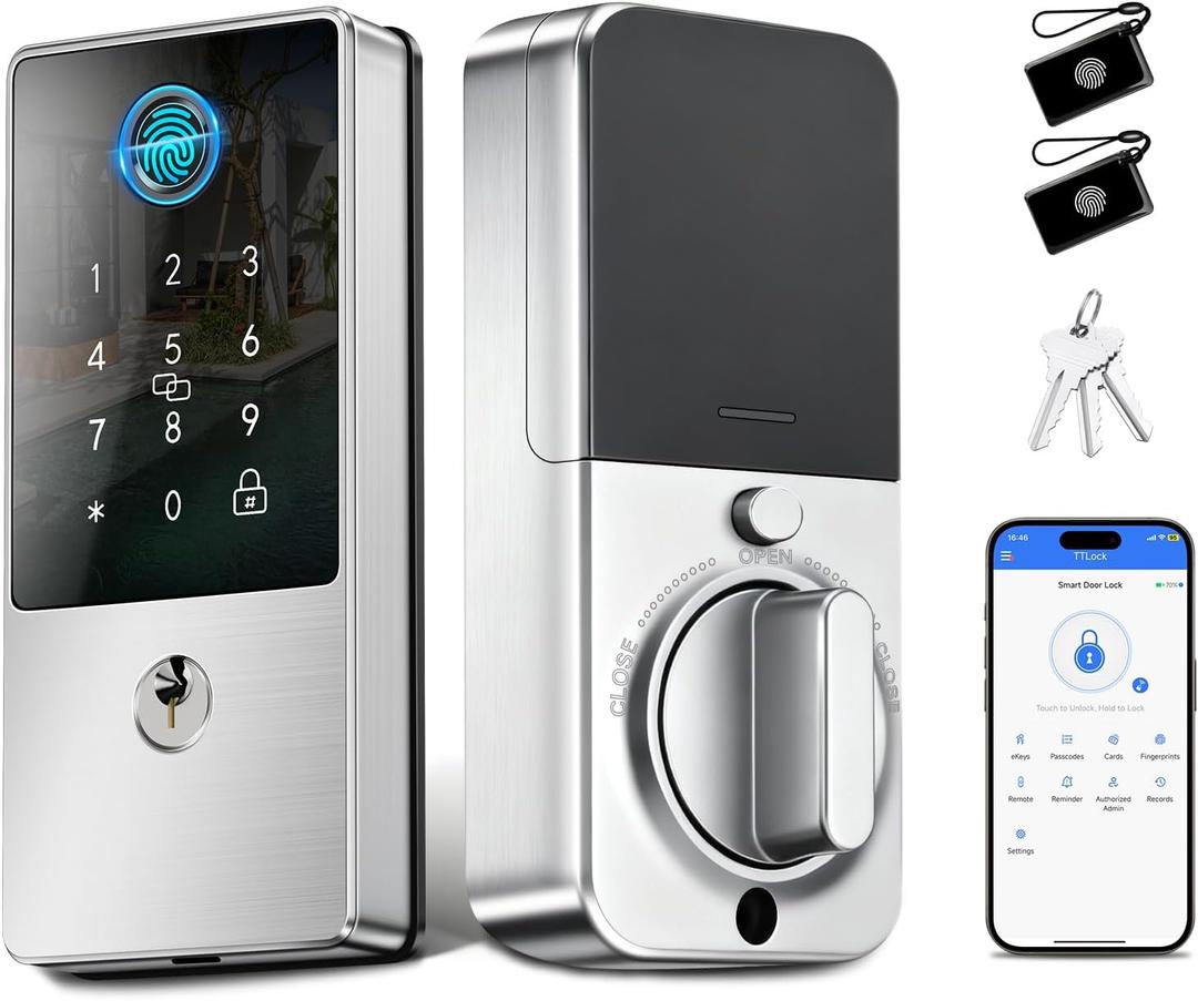 Biometric Smart Lock Deadbolt, Keyless Entry Door Lock with App Control & Remote Code Generation, Electronic Fingerprint Keypad for Home, Airbnb & Bedroom, Auto-Lock, Anti-Peep(Silver)