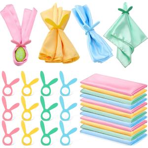 Domensi 12 Sets Easter Cloth Napkin with Wooden Bunny Rings Soft Reusable Colored Polyester Fabric Cocktail Napkins Wraped with Rabbit Holder for Dinner Party, 20 x 20 Inch