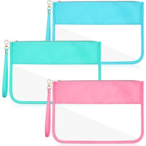Sanwuta 3 Pcs Clear Flat Zipper Pouches for Travel Women, Nylon Waterproof PVC Makeup Snack Bags Set Organizer Portable Storage DIY Chenille Letter Beach Stuff Toiletry Gym(Pink, Green, Blue)