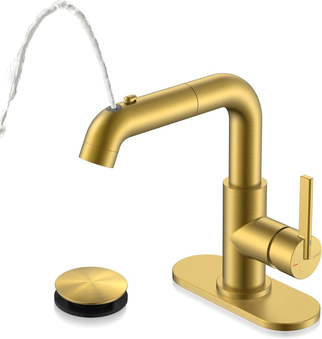 KENES Pull Down Bathroom Faucet with Sprayer, Brushed Gold Single Handle Bathroom Sink Faucet with Pull Out Sprayer, Vanity Bar Faucet with Pop Up Drain & Deck Plate, LJ-9055A-4