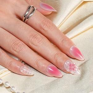 30Pcs Handmade Press on Nails Short Almond Fake Nails with 3D Flower Design Silver Rhinestones Stick on Nails Ombre Pink Full Cover Artificial Glue on Nails Supplies for Women DIY