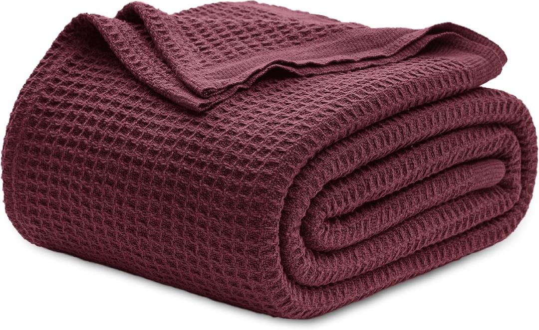 Bedsure Gentlesoft 100% Cotton Blanket Queen Size for Bed - Breathable and Soft for Summer, Thick Cozy Waffle Weave Blanket Gifts for Women, Burgundy, 90x90 Inches