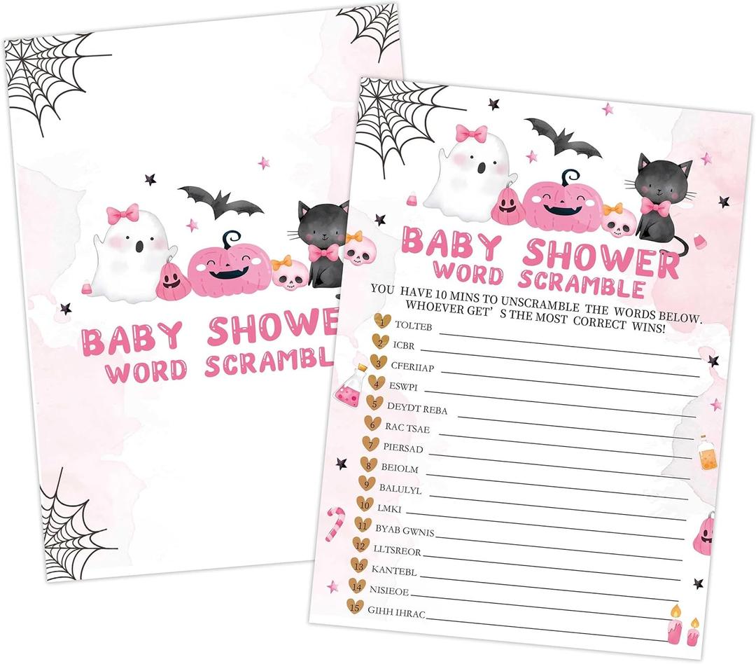 Pink Halloween Baby Shower Word Scramble Game, 30pcs Halloween Hat Pumpkin Gender Reveal Games for Guests, Neutral Gender Reveal Decorations Baby Shower Activities Favors, 5x7 inch