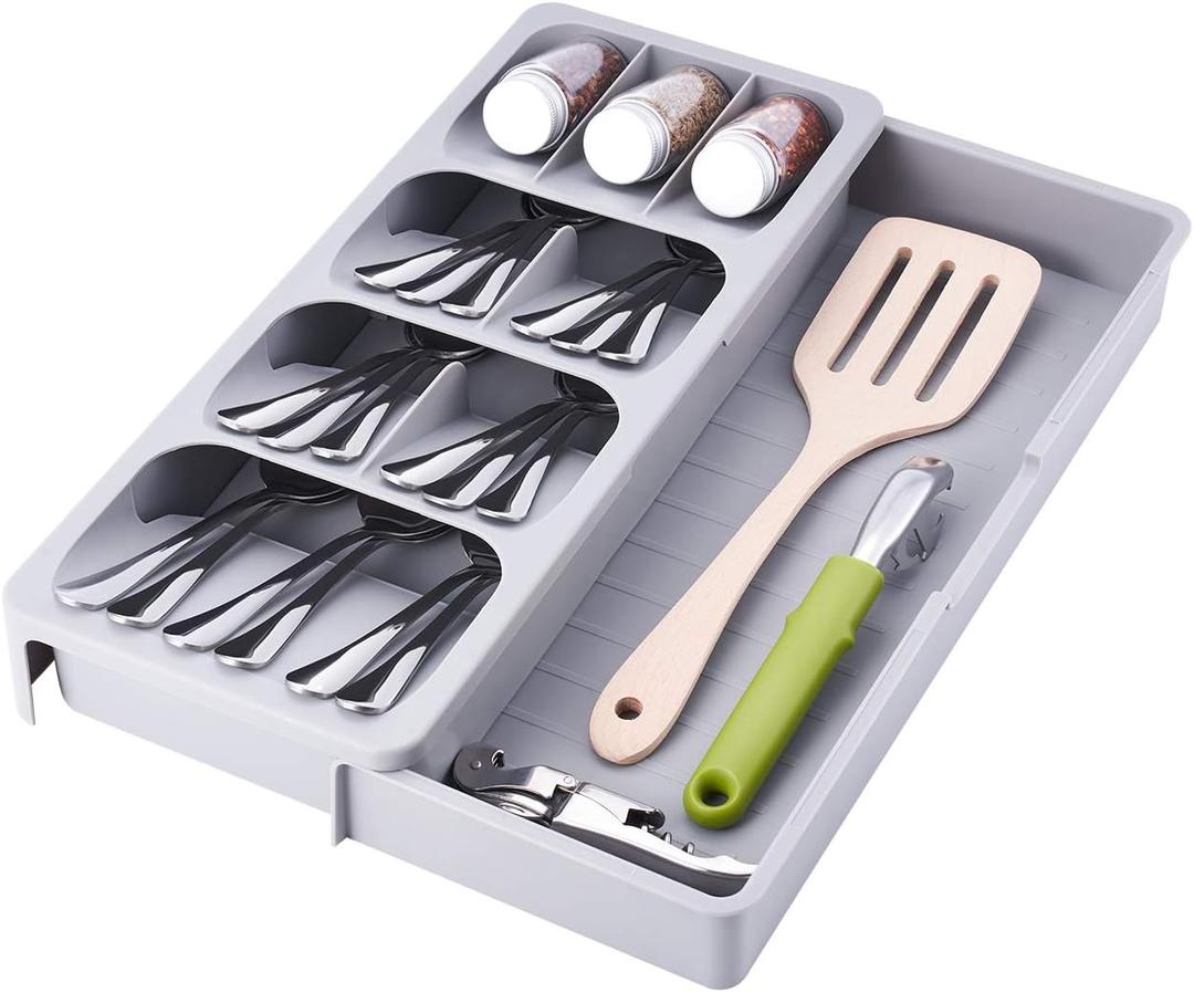 Expandable Kitchen Drawer Organizer, Adjustable Cutlery Trays and Utensil Holder, Kitchen Drawer Dividers Storage for Silverware, Flatware, Knives, Spoons, Gray