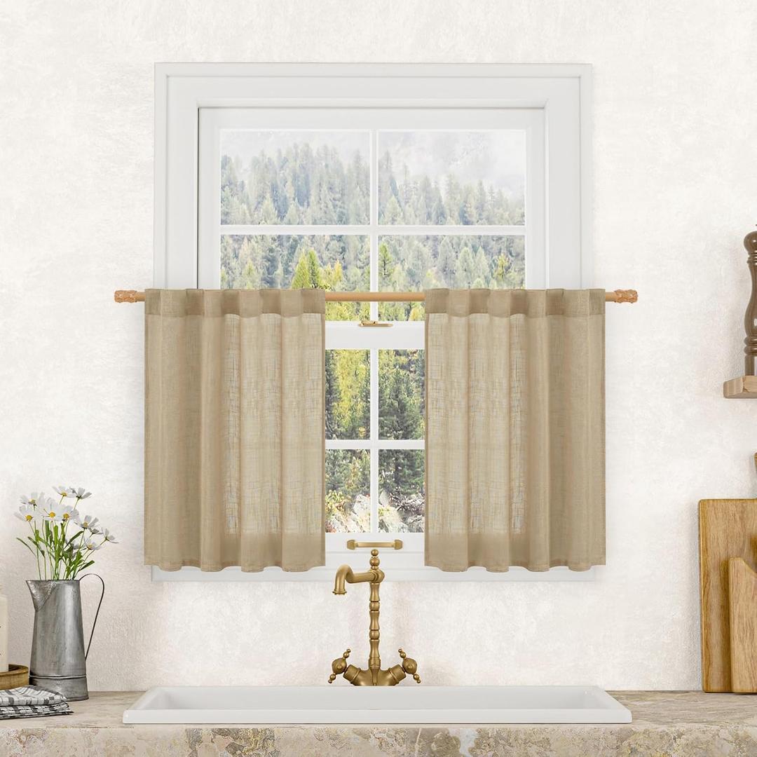 Brown Linen Curtains 24 Inch Length, Semi Sheer Light Filtering Window Panels Back Tab and Rod Pocket Drapes for Basement/Small Windows, 25 x 24 Inch, 2 Panels