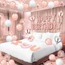 Pink Birthday Balloons Decorations Rose Gold Birthday Balloon Letters Banner with 6 Pcs Star Balloons Pink Artificial Rose Petals 24 Flameless LED Candles for Room Bday Party Decorations Supplies
