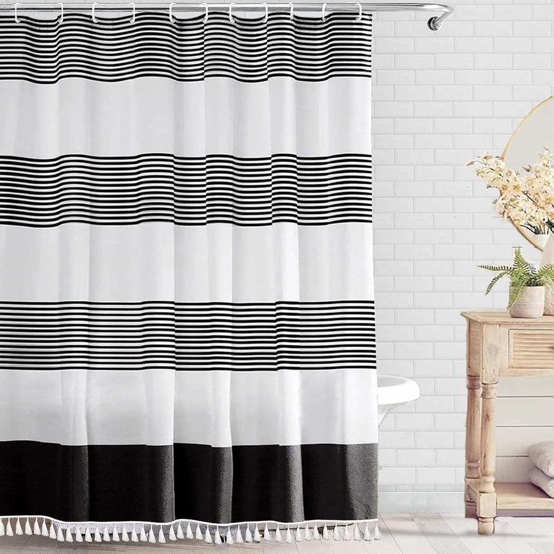 bufftieo Black and White Shower Curtain for Bathroom Boho Striped Fabric Modern Farmhouse Tassel Shower Curtain Sets - 72" x 84"