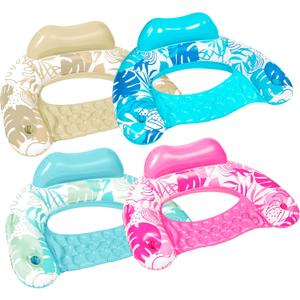 SLOOSH Inflatable Pool Floats Adult, 4 Pack Pool Chairs with Cup Holders,Blow up Floats Chair,Hammock Noodle Mat Leaves Design for Summer Water Fun Swimming Party Beach,Blue, Cyan, Pink, Champagne