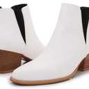 MM Women's Pointed Toe Mid Heels Chelsea Ankle Boots, Slip On Elastic Chunky Block Wooden Heel Short Western Booties for Ladies, Fall, White, 7 