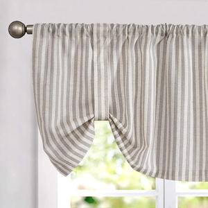 jinchan Tie Up Linen Textured Striped Bow Tie Curtain for Kitchen Bathroom Rod Pocket Pinstripe Valance Window Treatments Ticking Stripe Pull Cord Valance 1 Panel 18 Inch Taupe Grey on Beige