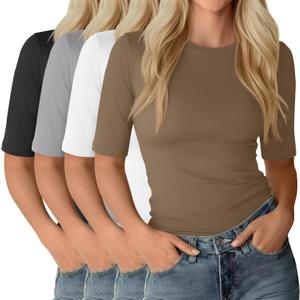 Neer 4 Pack Women's Half Sleeve Tops Elbow Length Slim Fit Crewneck T-Shirts 1/2 Sleeve Casual Summer Basic Tees (Khaki, White, Light Gray, Black, Large)
