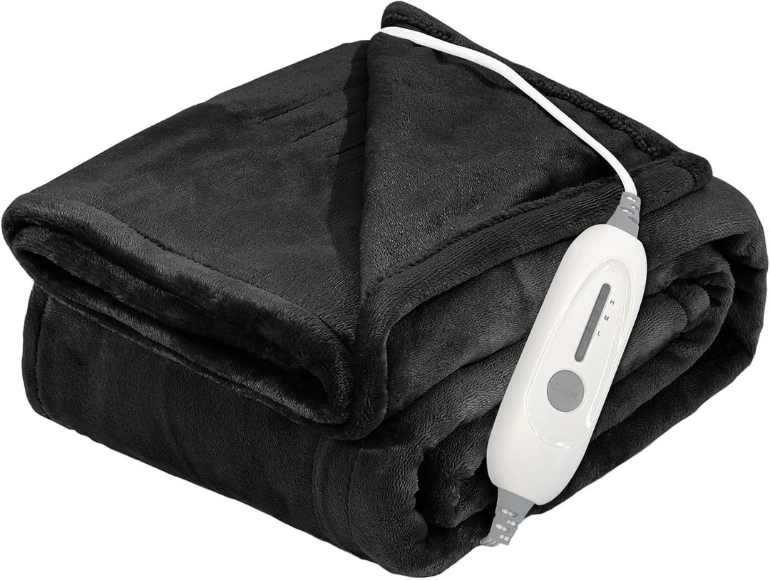 Heated Blanket Throw 50"x60", Super Soft Flannel Electric Throw Blanket, 3 Heating Levels, 4H Auto Off, Overheat Protection, Machine Washable, ETL & FCC Certified, for Home Office, Black