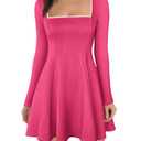 Lrady Womens Square Neck Bodice Dress Long Sleeve Flare A Line Club Party Mini Ruffle Swing Short Dresses, Hot Pink, Medium