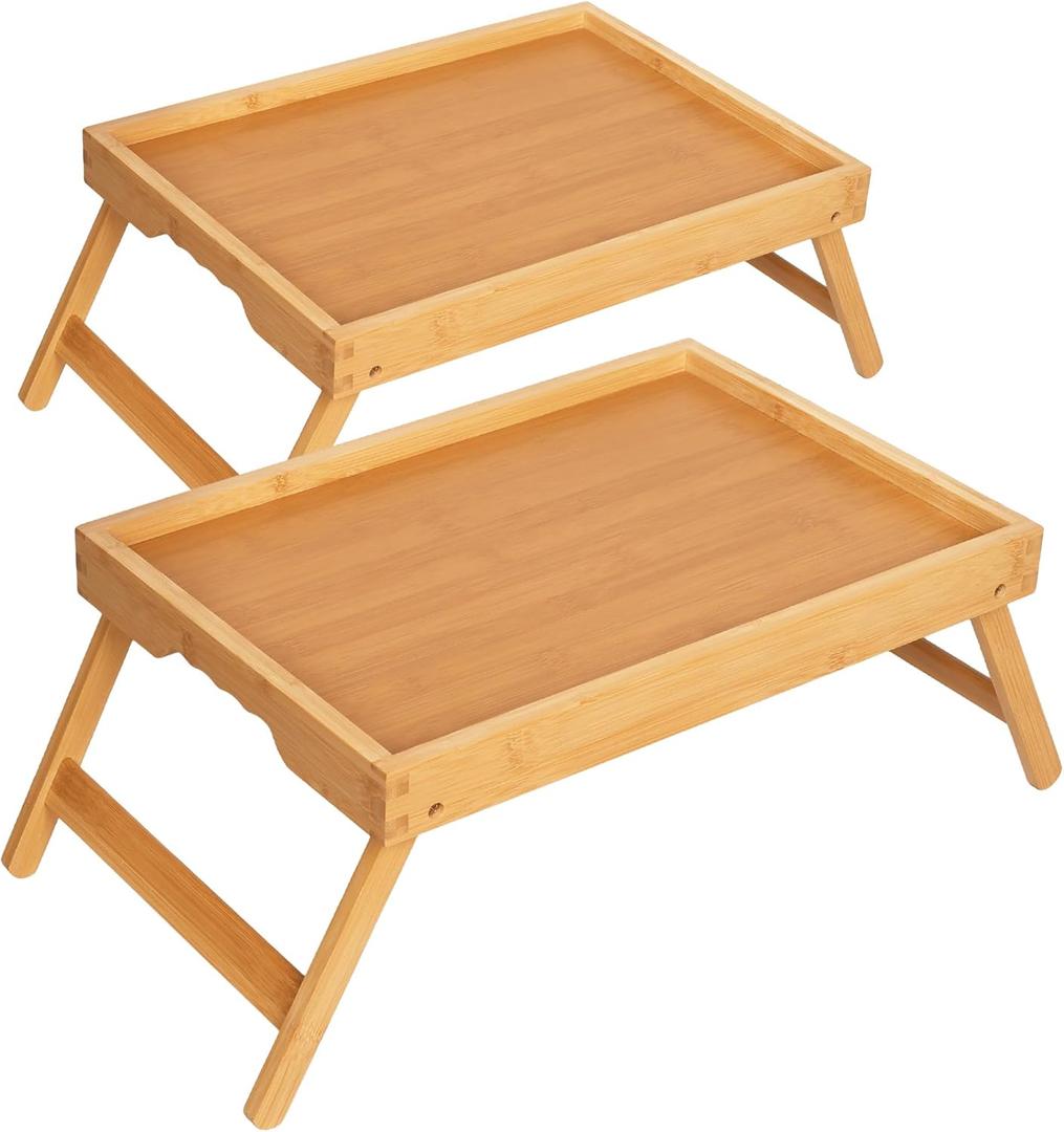 Breakfast Tray with Folding Legs Set of 2, Bamboo Bed Tray Table 15.7" Foldable TV Dinner Tray with Ergonomic Wave Handles for Bed Couch Sofa, Breakfast, Snacks, Coffee, Natural