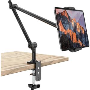 AboveTEK Tablet Stand Holder for Desk & Bed, Aluminum iPad Holder Arm with 360 Rotating Clamp, Adjustable Phone Stand Compatible with 4.7"-13.5" iPad Pro/Air/Mini, iPhone, Galaxy Tab- Black