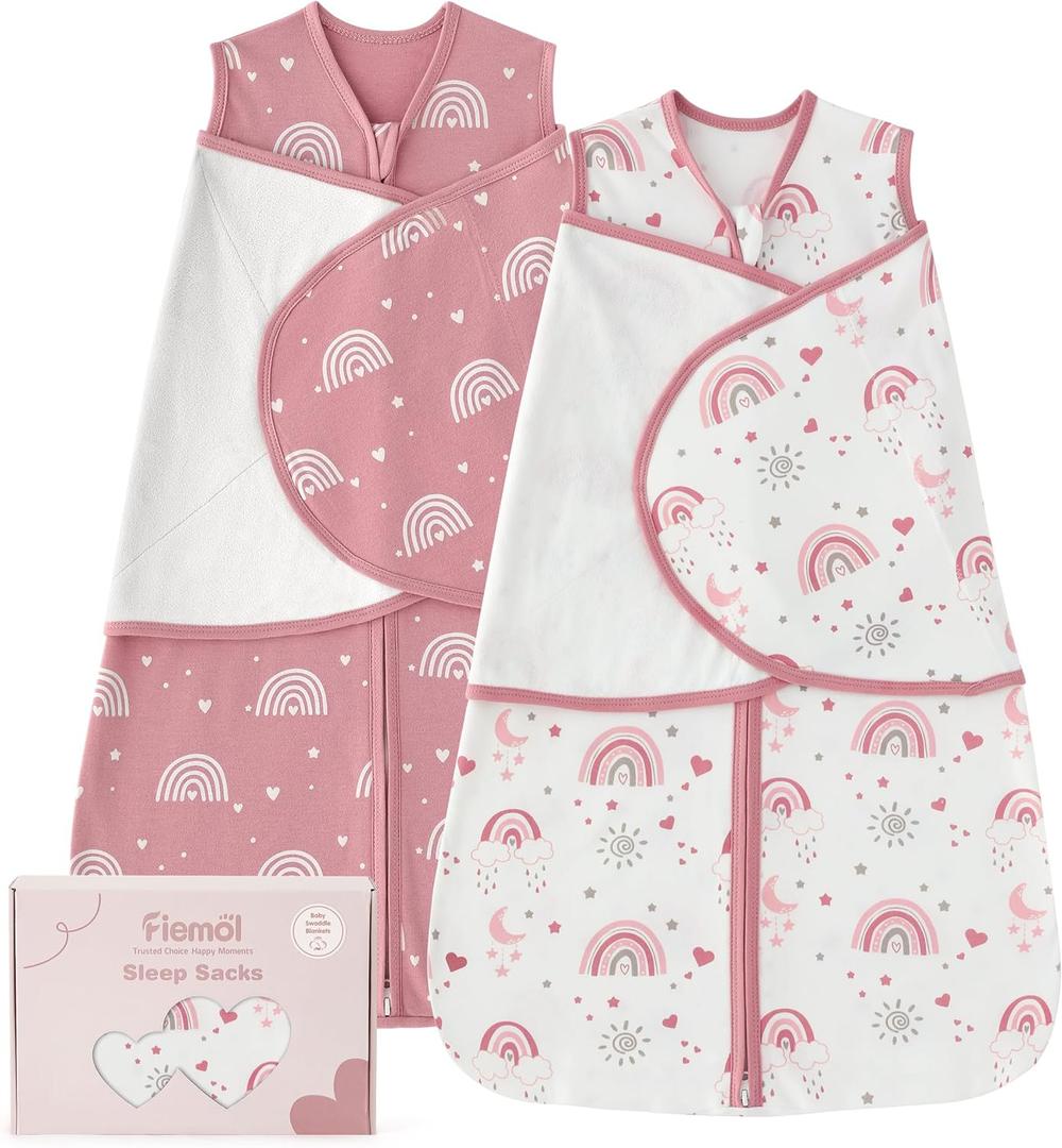 Baby Swaddle Sleep Sack 0-3 Months, Cotton Swaddles for Newborns Girls, 2-Way Zipper Transitional Infant Wearable Swaddling Blanket with Quiet Closure, 0.5 TOG 2 Pack Soft Pink Rainbow