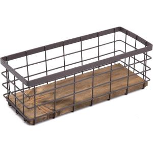 TIEYIPIN Small Metal Wire Storage Basket, Detachable Wood Base Storage Organizer Bin Basket for Kitchen Cabinets, Bathroom, Pantry, Garage, Laundry Room - Brown (1 Pack)