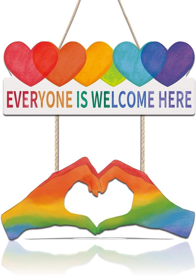 CHDITB Classroom Decor Everyone is Welcome Here Wall Hanging, Rainbow Heart Wooden Teacher Door Sign with Inspirational Quotes, Colorful Hand Heart Door Hanger for Classroom Kindergarten Daycare (10"x11")