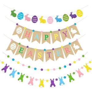 Ouddy Life 5Pcs Happy Easter Burlap Banner, Easters Felt Ball Bunny Garland with Pom Poms for Happy Easter Decorations Home Spring Farmhouse Mantle Office Party Kids Egg Hunts Indoor Outdoor Decor