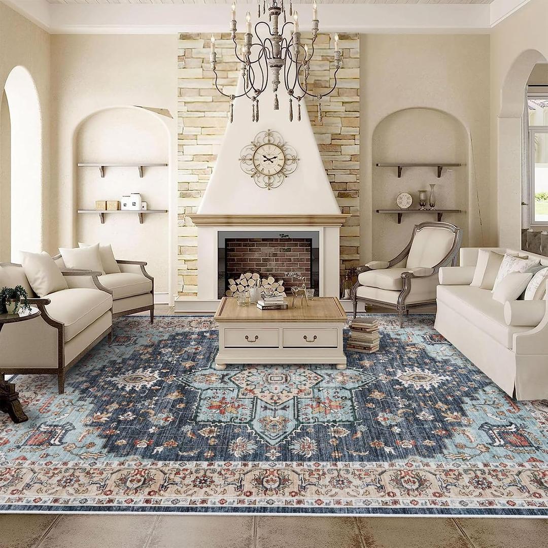 TOPRUUG Washable Oriental Area Rug - 10x12 Rugs for Living Room Soft Carpet for Bedroom Waterproof Floral Distressed Indoor Stain Resistant Non-Shedding Floor Carpets (Blue/Teal/Orange, 10x12)