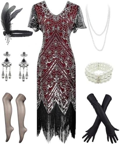 Women 1920s Sequin Beaded Tassels Hem Flapper Dress with 20s Headband Accessories Set. Size 3XL